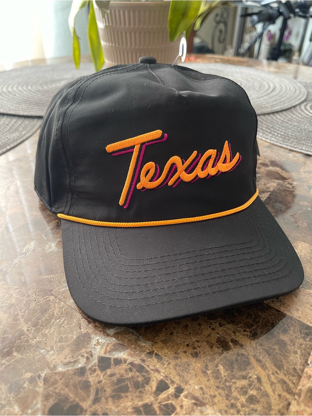 Bad Birdie Black Baseball Cap with Orange and Pink Texas Script